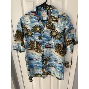 Naniloa Hawaiian Shirt Mens XL Blue Tropical Scenic Print Cotton Made in Hawaii